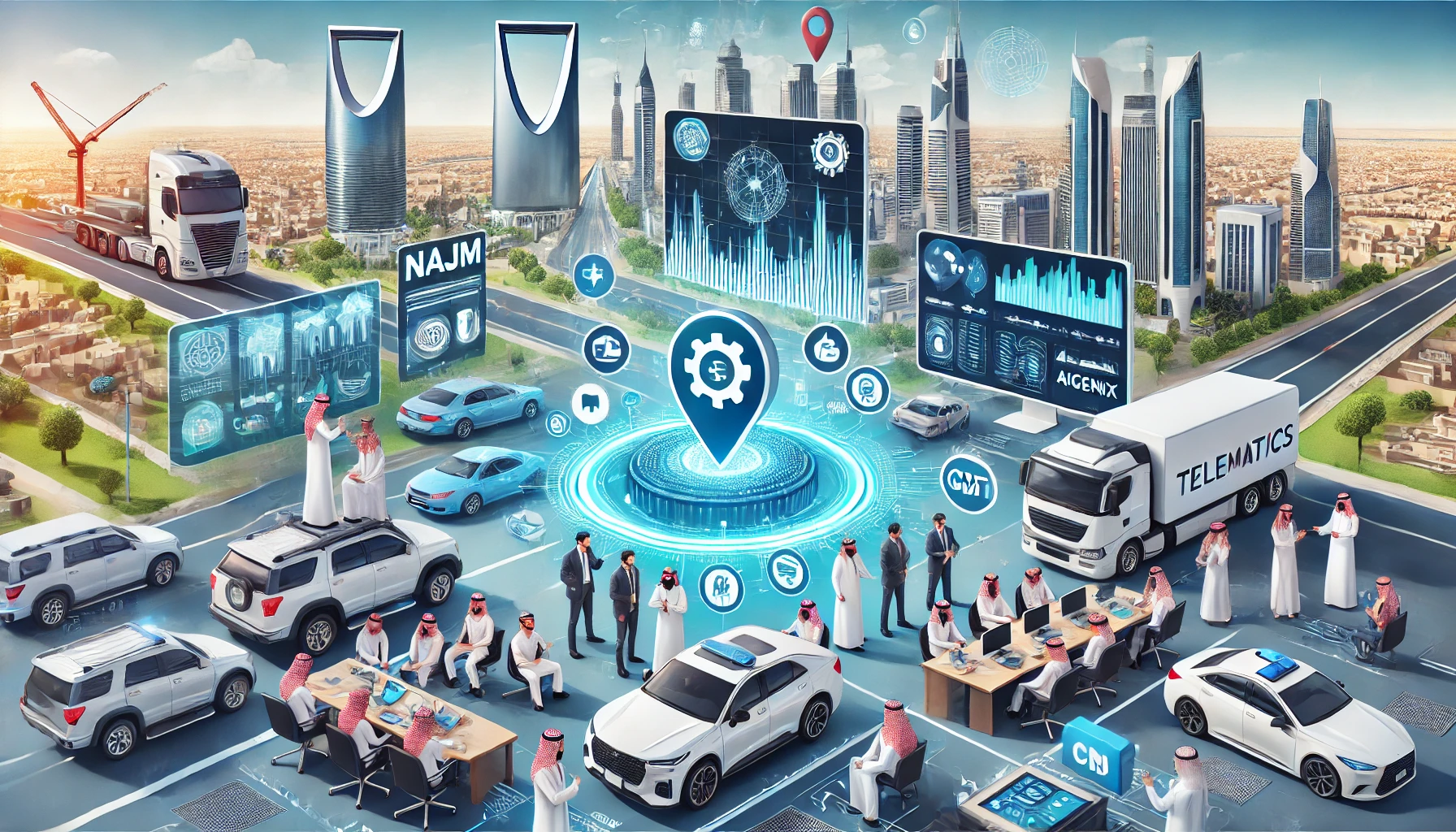 A dynamic scene showcasing advanced telematics technology in use for road safety in Saudi Arabia. Include elements like smart devices in vehicles, dat