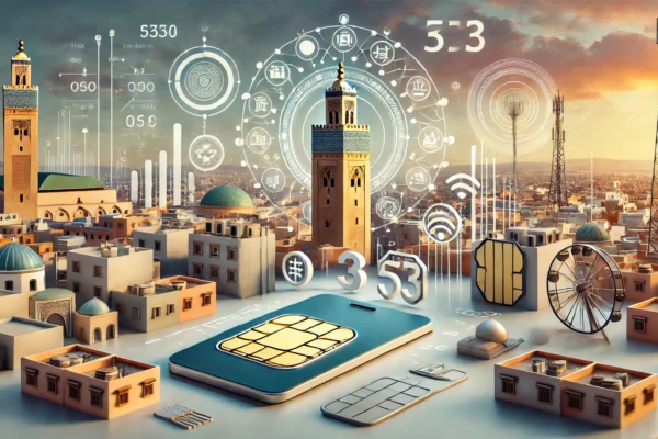 A modern scene depicting Morocco's telecommunications sector with elements such as mobile phones, SIM cards, and data verification symbols. Highlight