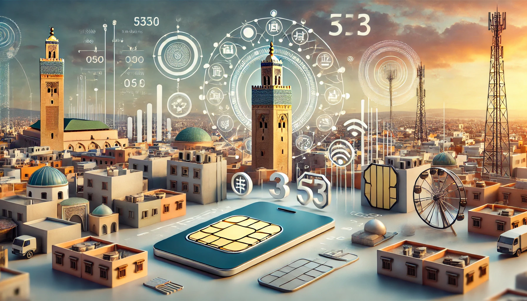 A modern scene depicting Morocco's telecommunications sector with elements such as mobile phones, SIM cards, and data verification symbols. Highlight