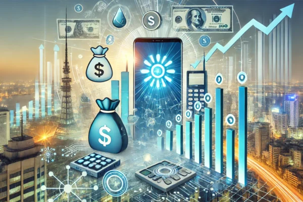 A dynamic scene depicting Grameenphone's financial success in Bangladesh. Include elements such as rising stock charts, currency symbols, and digital