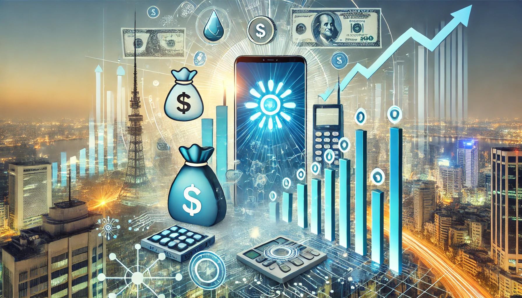 A dynamic scene depicting Grameenphone's financial success in Bangladesh. Include elements such as rising stock charts, currency symbols, and digital