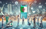 A dynamic scene showcasing the eSiha e-health solution in Algeria. Include elements like mobile phones displaying the eSiha app interface, healthcare