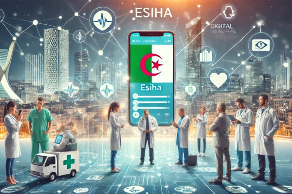 A dynamic scene showcasing the eSiha e-health solution in Algeria. Include elements like mobile phones displaying the eSiha app interface, healthcare