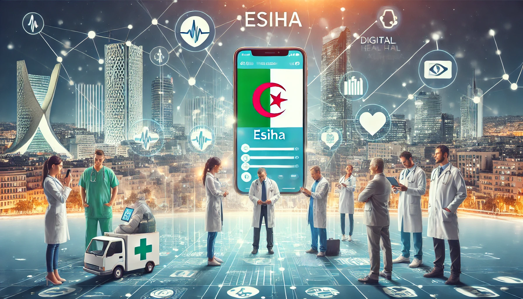 A dynamic scene showcasing the eSiha e-health solution in Algeria. Include elements like mobile phones displaying the eSiha app interface, healthcare