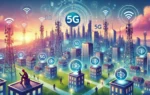 A futuristic landscape depicting a city with advanced telecommunications infrastructure, featuring 5G network towers and digital connectivity symbols