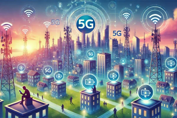 A futuristic landscape depicting a city with advanced telecommunications infrastructure, featuring 5G network towers and digital connectivity symbols