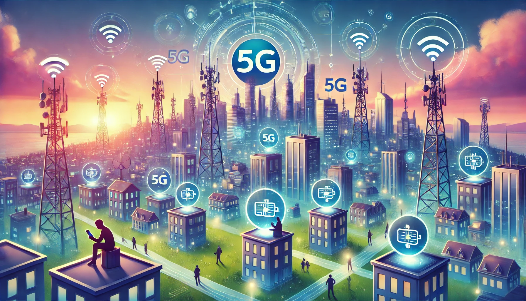 A futuristic landscape depicting a city with advanced telecommunications infrastructure, featuring 5G network towers and digital connectivity symbols