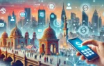 A vibrant scene showcasing digital payroll technology in action, set against an Egyptian cityscape. The image includes symbols of digital connectivity