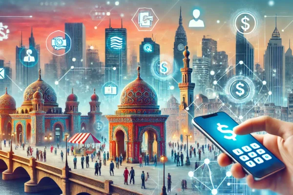 A vibrant scene showcasing digital payroll technology in action, set against an Egyptian cityscape. The image includes symbols of digital connectivity