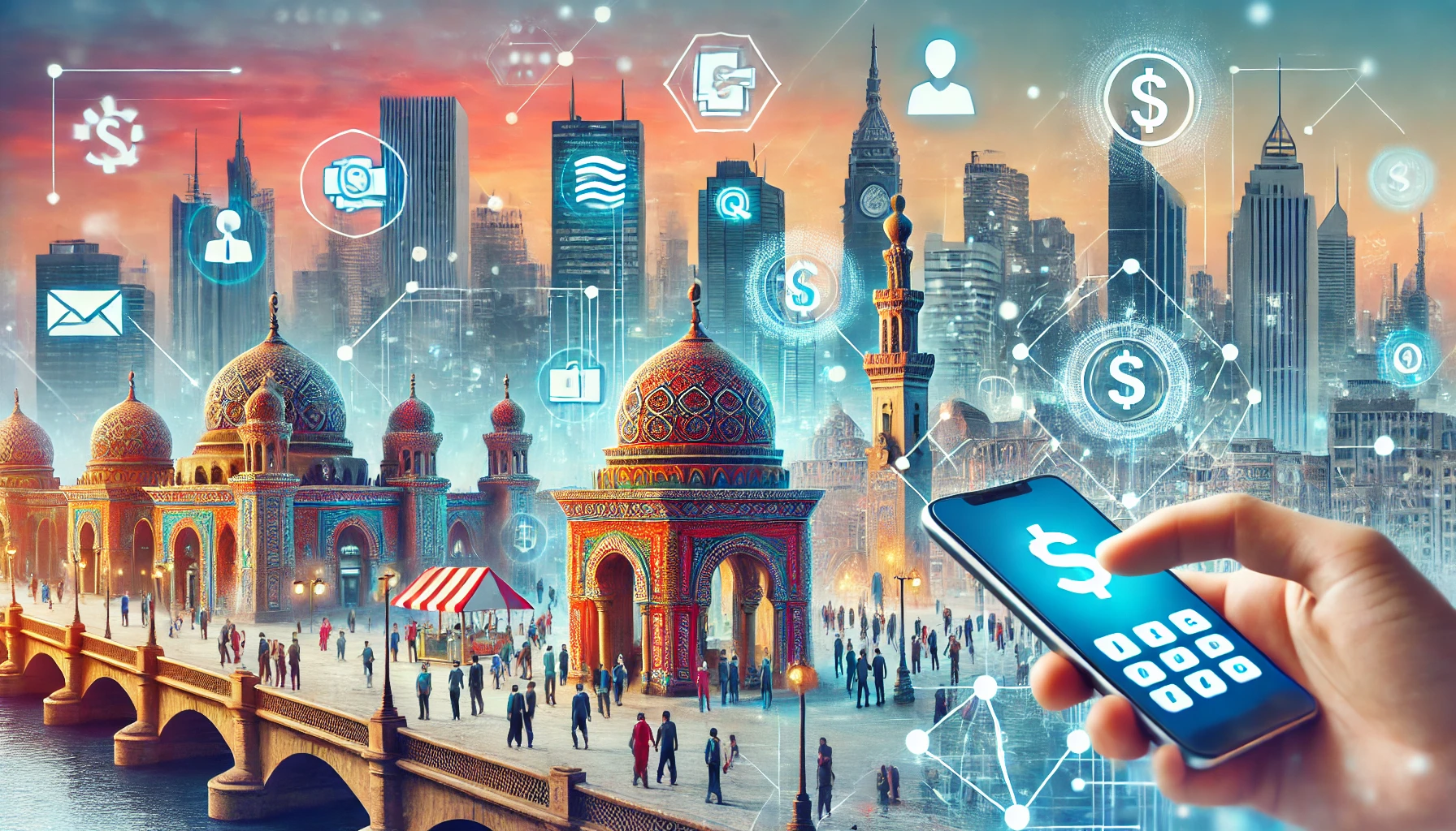 A vibrant scene showcasing digital payroll technology in action, set against an Egyptian cityscape. The image includes symbols of digital connectivity