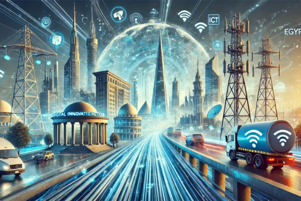 A dynamic scene showcasing Egypt's ICT sector advancements, with digital innovation centers, fiber optic cables, and modern mobile towers. The background