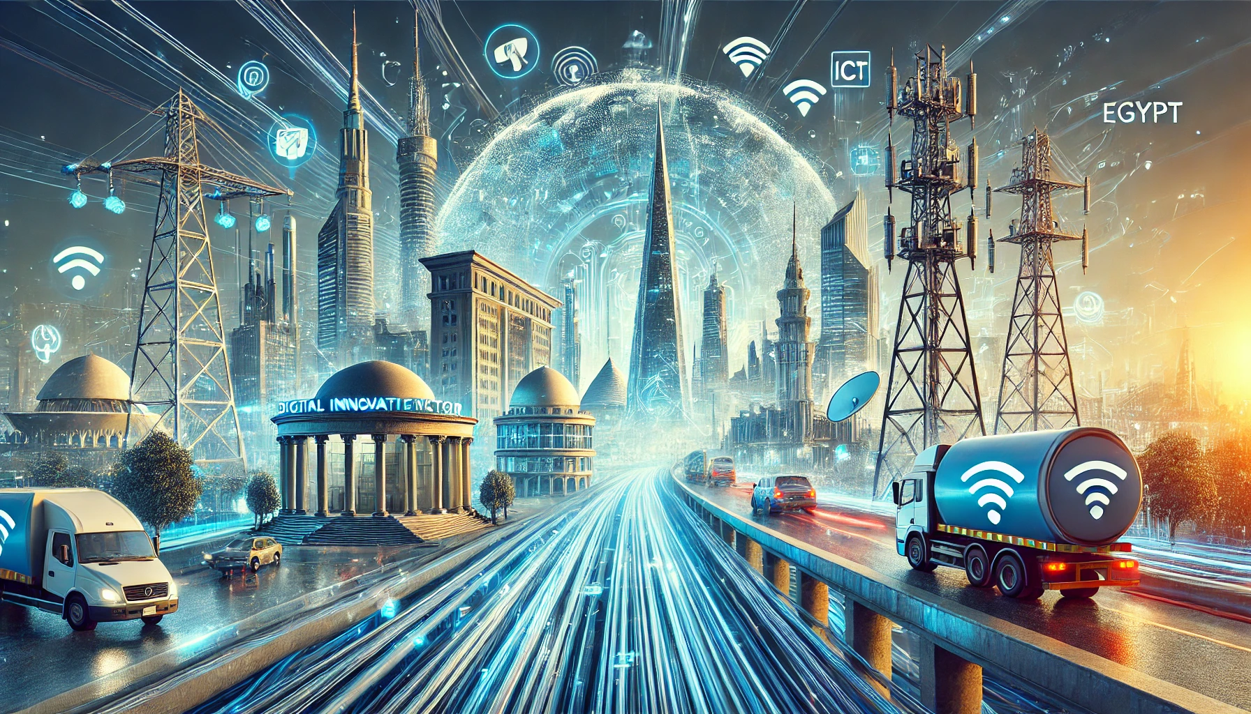 A dynamic scene showcasing Egypt's ICT sector advancements, with digital innovation centers, fiber optic cables, and modern mobile towers. The background