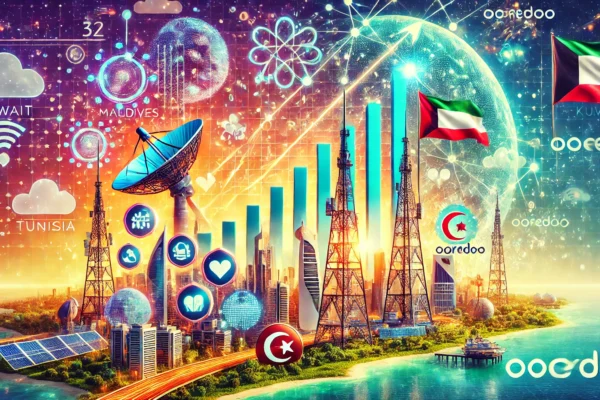 A vibrant scene showcasing Ooredoo's growth and success in the telecommunications sector. The image includes elements like modern communication towers