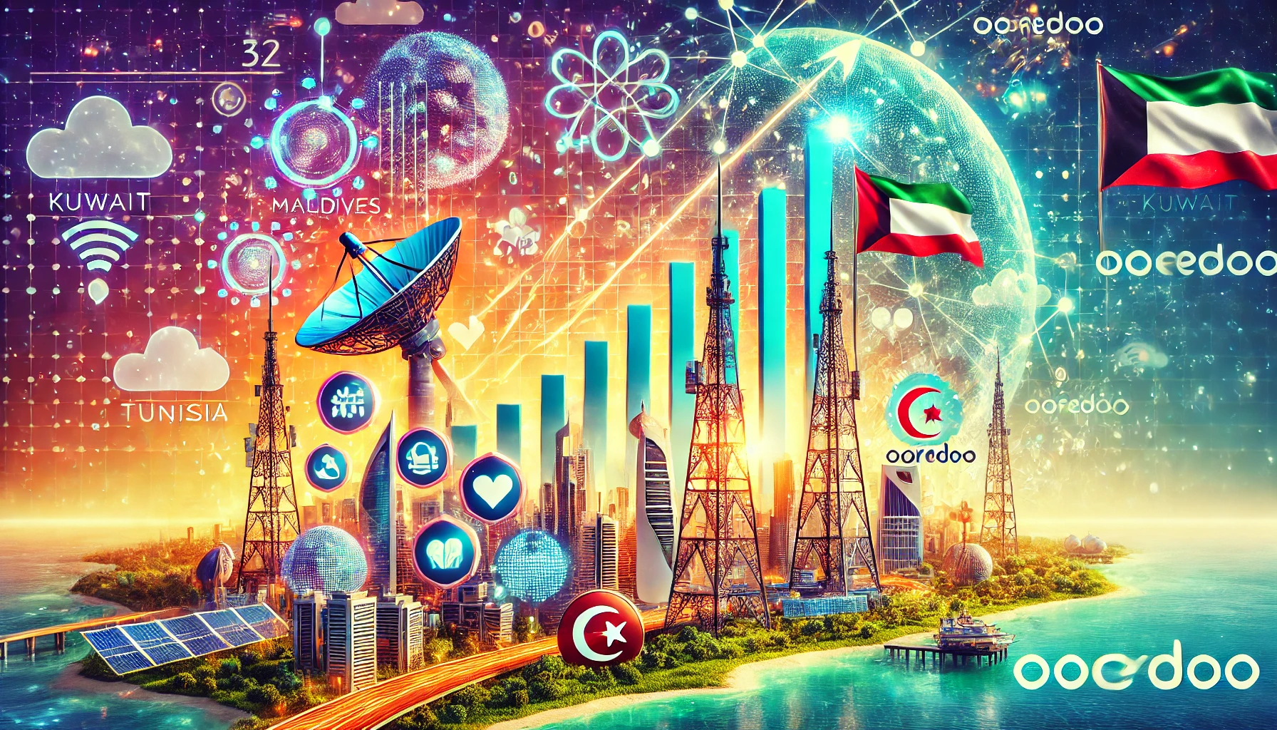 A vibrant scene showcasing Ooredoo's growth and success in the telecommunications sector. The image includes elements like modern communication towers