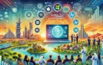 A vibrant scene depicting a global tech summit on sustainability in Ras Al Khaimah. The image includes elements like modern laptops, digital sustainable