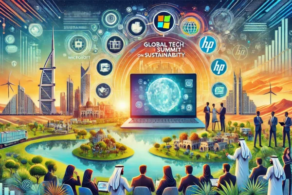 A vibrant scene depicting a global tech summit on sustainability in Ras Al Khaimah. The image includes elements like modern laptops, digital sustainable