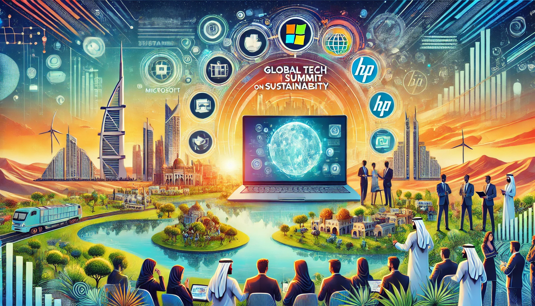 A vibrant scene depicting a global tech summit on sustainability in Ras Al Khaimah. The image includes elements like modern laptops, digital sustainable