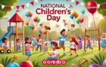 A vibrant scene celebrating National Children’s Day with happy children participating in various activities. The background includes a park setting with