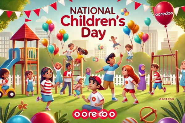 A vibrant scene celebrating National Children’s Day with happy children participating in various activities. The background includes a park setting with