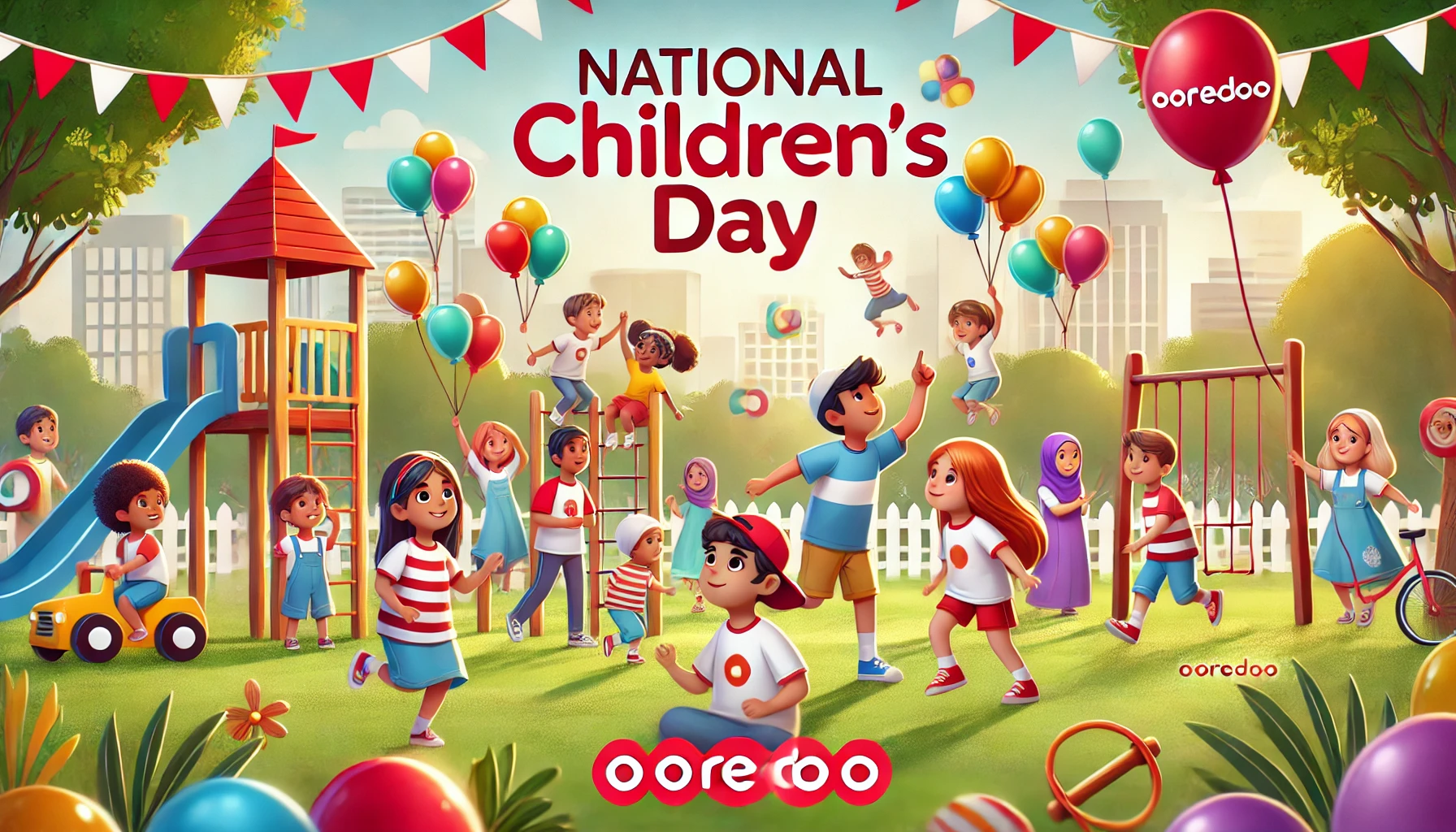 A vibrant scene celebrating National Children’s Day with happy children participating in various activities. The background includes a park setting with