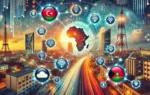 A vibrant and dynamic scene highlighting ICT development in Africa. The image features digital icons, connectivity symbols, and elements representing