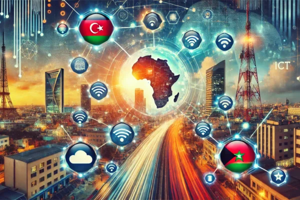 A vibrant and dynamic scene highlighting ICT development in Africa. The image features digital icons, connectivity symbols, and elements representing