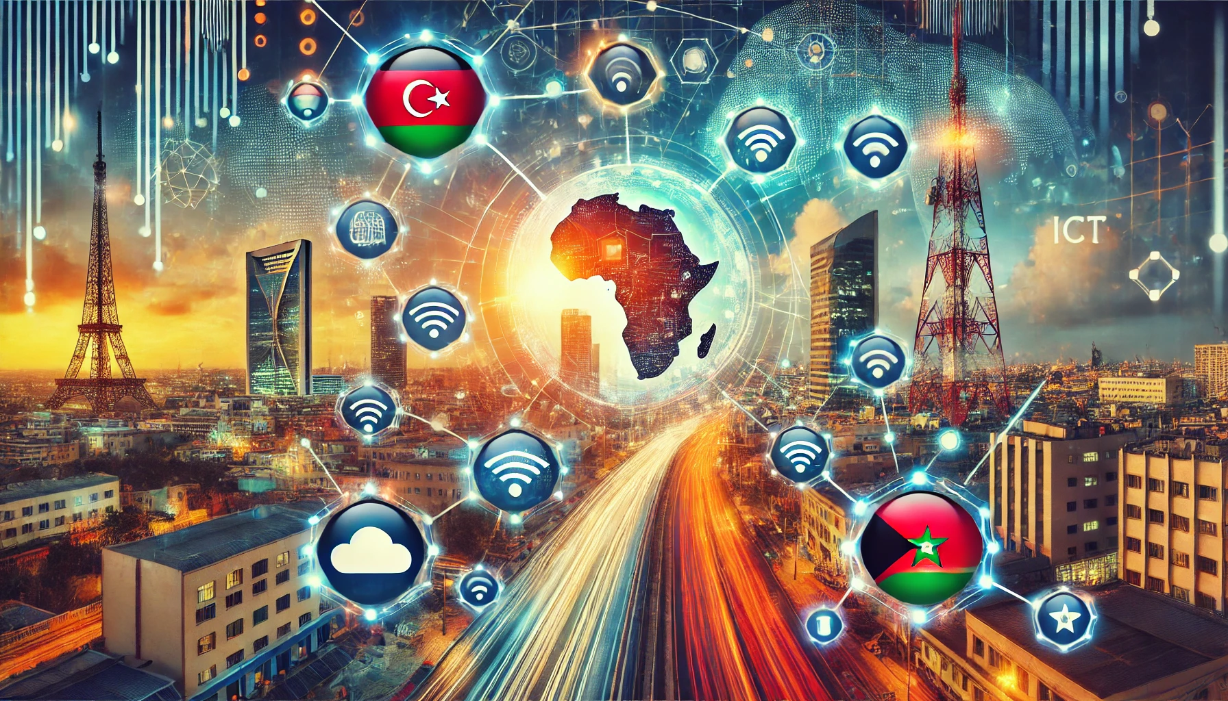 A vibrant and dynamic scene highlighting ICT development in Africa. The image features digital icons, connectivity symbols, and elements representing