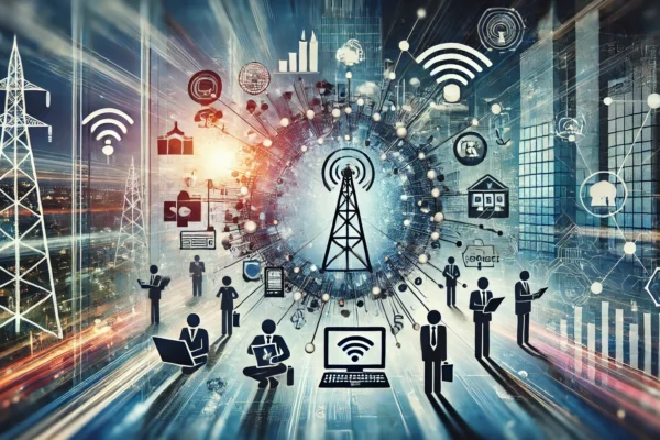 A dynamic scene showcasing the empowerment of SMEs in the telecommunications sector. The image includes elements like modern telecommunications device