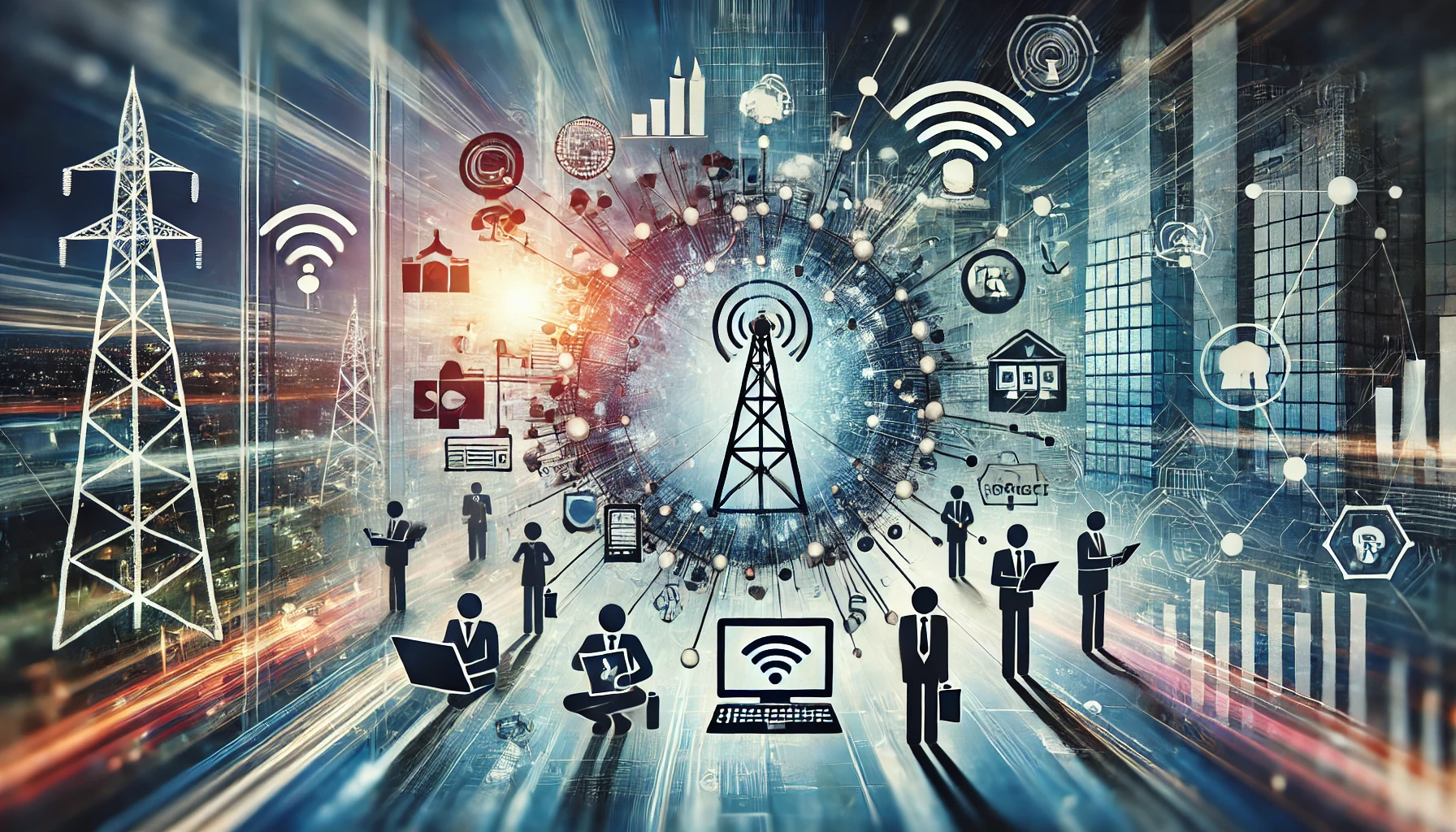 A dynamic scene showcasing the empowerment of SMEs in the telecommunications sector. The image includes elements like modern telecommunications device