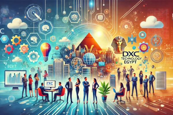 A vibrant scene depicting a partnership between ITIDA and DXC Technology Egypt to enhance the software industry. The image includes elements like model