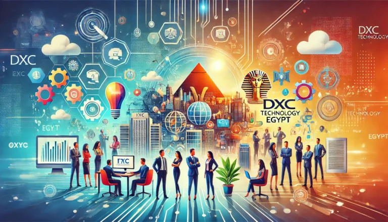 A vibrant scene depicting a partnership between ITIDA and DXC Technology Egypt to enhance the software industry. The image includes elements like model