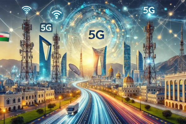 A dynamic scene showcasing Oman's telecommunications and digital advancements. The image includes modern telecommunications towers, satellite imagery,