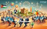 A vibrant scene showcasing the partnership between Orange Jordan and Proparco. The image includes elements of a signing ceremony, digital infrastructure