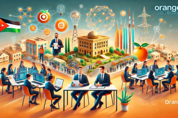 A vibrant scene showcasing the partnership between Orange Jordan and Proparco. The image includes elements of a signing ceremony, digital infrastructure