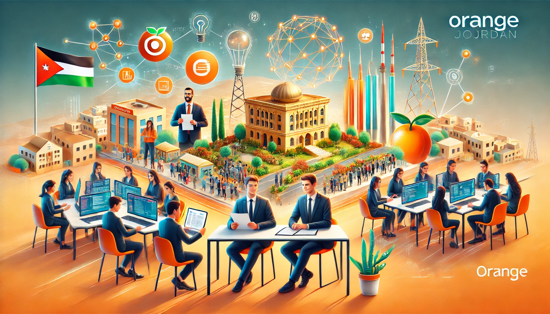 A vibrant scene showcasing the partnership between Orange Jordan and Proparco. The image includes elements of a signing ceremony, digital infrastructure