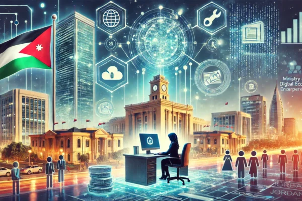 A dynamic scene showcasing the launch of Jordan's national blockchain network. The image includes elements such as a blockchain network, digital record