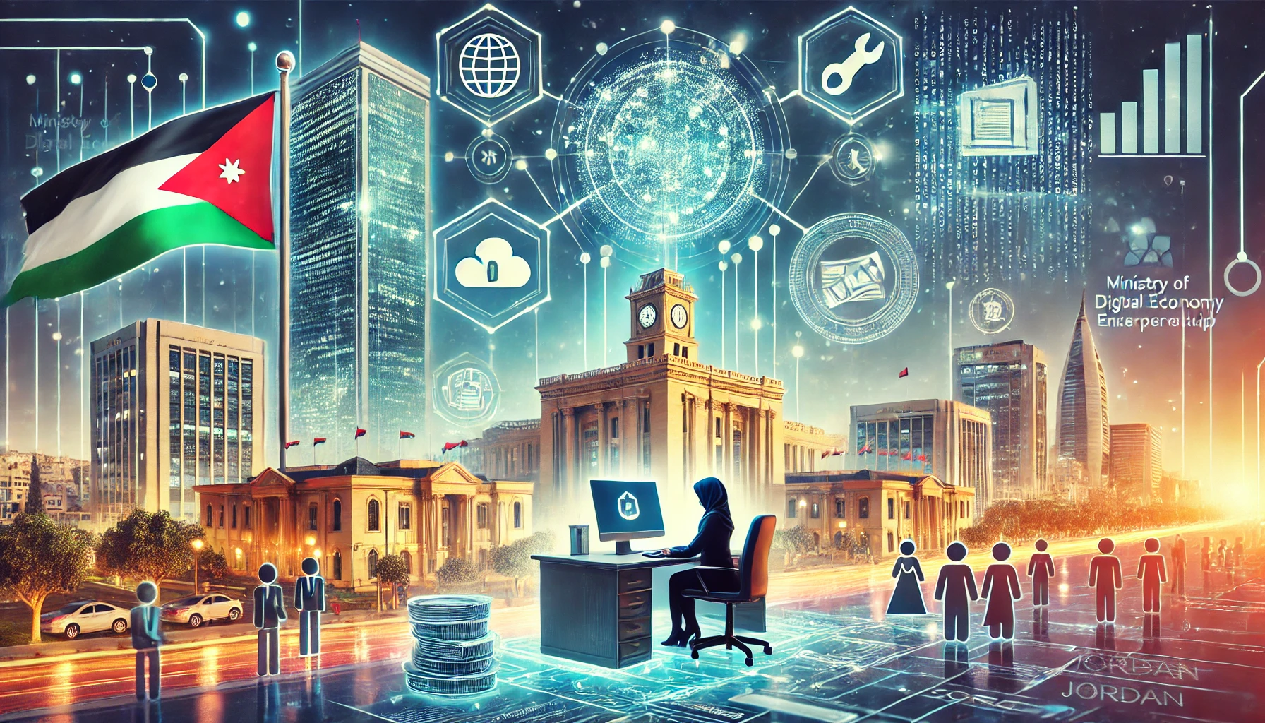 A dynamic scene showcasing the launch of Jordan's national blockchain network. The image includes elements such as a blockchain network, digital record