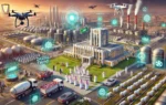 A visually striking landscape image showcasing Saudi Arabia's technological advancements in government sectors. The scene includes modern government b