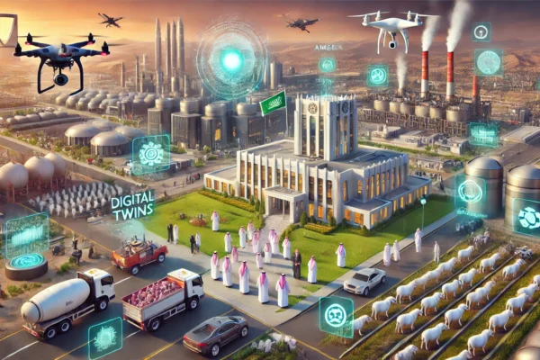 A visually striking landscape image showcasing Saudi Arabia's technological advancements in government sectors. The scene includes modern government b