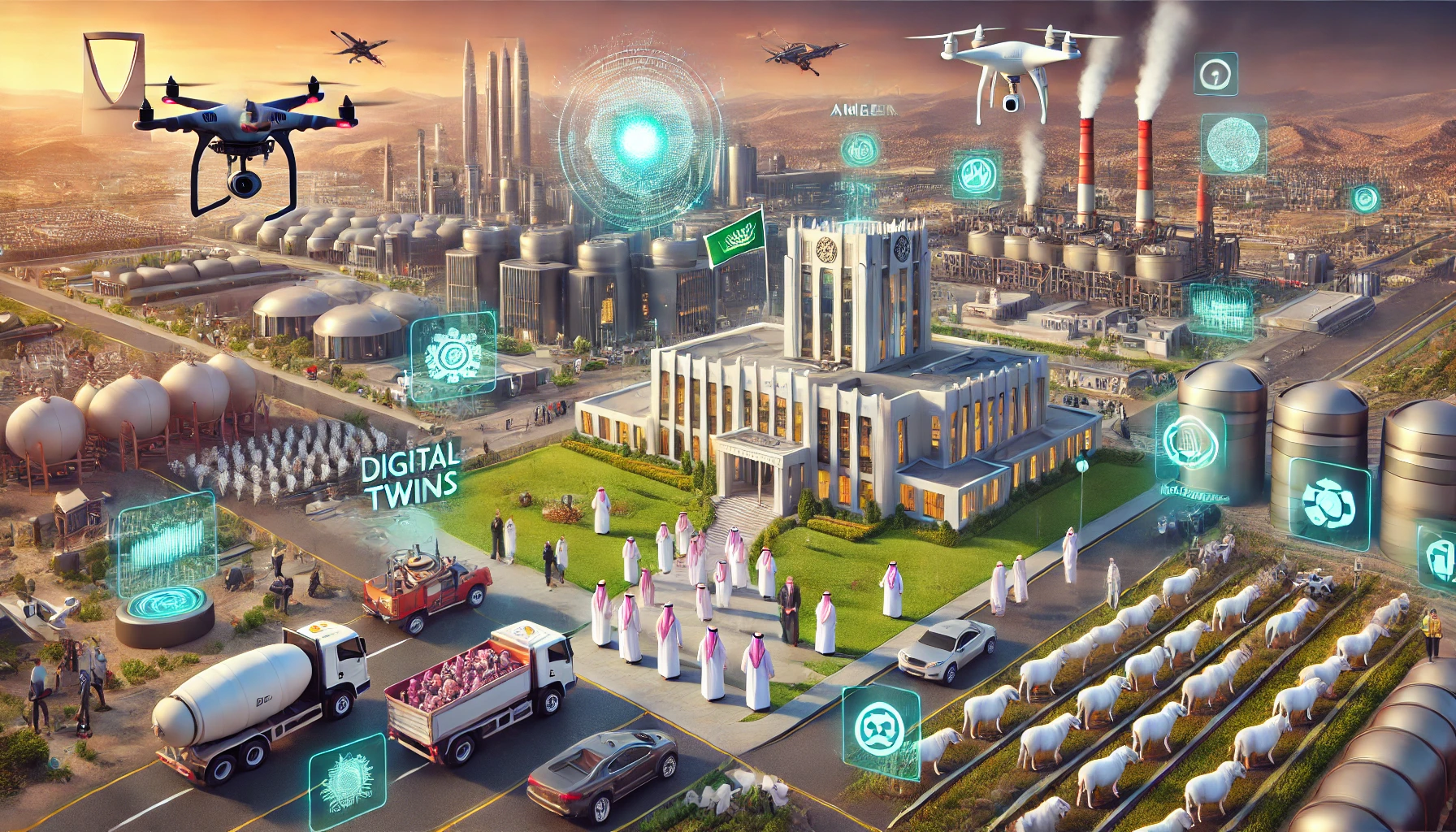 A visually striking landscape image showcasing Saudi Arabia's technological advancements in government sectors. The scene includes modern government b