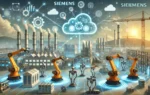 A futuristic landscape image showcasing the partnership between Siemens and BAE Systems in engineering and manufacturing. The scene features advanced