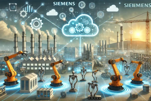 A futuristic landscape image showcasing the partnership between Siemens and BAE Systems in engineering and manufacturing. The scene features advanced