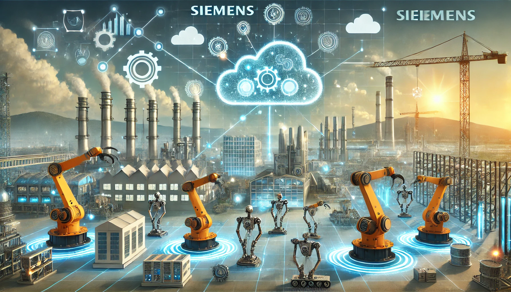 A futuristic landscape image showcasing the partnership between Siemens and BAE Systems in engineering and manufacturing. The scene features advanced