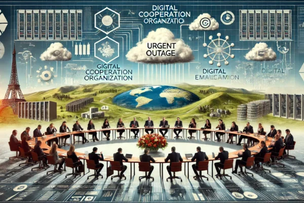 A landscape image representing the Digital Cooperation Organization's urgent discussions on global IT outage implications. The scene features a confer