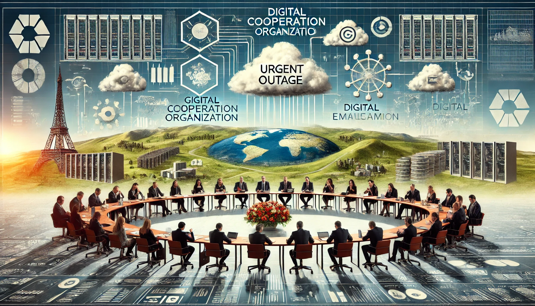 A landscape image representing the Digital Cooperation Organization's urgent discussions on global IT outage implications. The scene features a confer