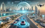 A futuristic landscape image representing the strategic joint venture between Bayanat and Autonomous a2z. The scene features autonomous vehicles and a