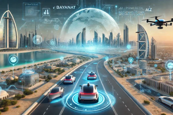 A futuristic landscape image representing the strategic joint venture between Bayanat and Autonomous a2z. The scene features autonomous vehicles and a