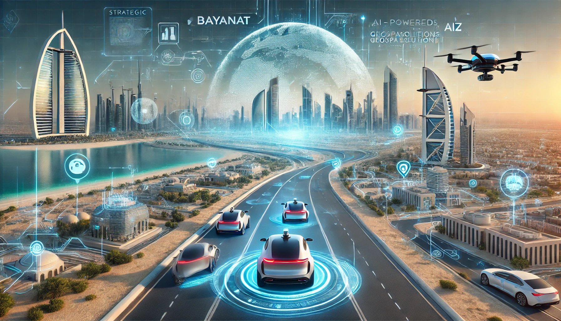 A futuristic landscape image representing the strategic joint venture between Bayanat and Autonomous a2z. The scene features autonomous vehicles and a