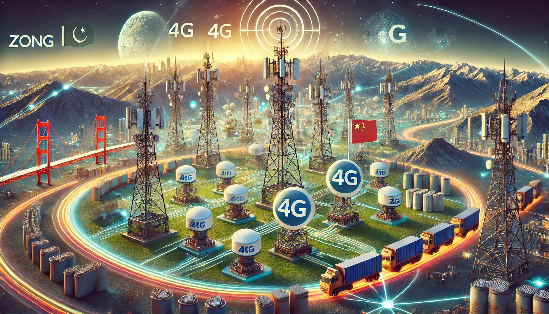 A landscape image representing Zong 4G's network expansion and modernization in Pakistan. The scene features modern 4G base stations with advanced tech