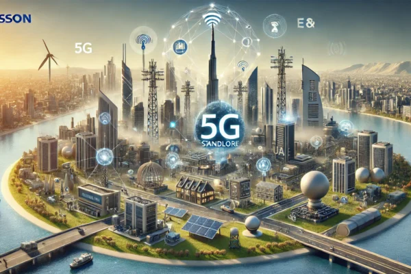 A landscape image representing the successful implementation of Ericsson's RedCap solution on e& UAE's 5G Standalone network. The scene features advance